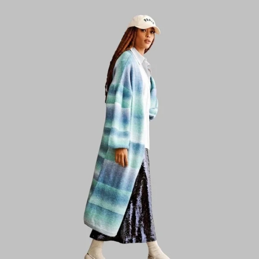 Anthropologie Cozy Ombre Stripe Duster Sweater Cardigan Open Front Blue One Size